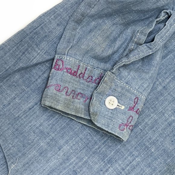 Vintage 1970s Chambray Button Down Shirt | Embroidered Floral + Cats Women's M/L - Picture 12 of 13